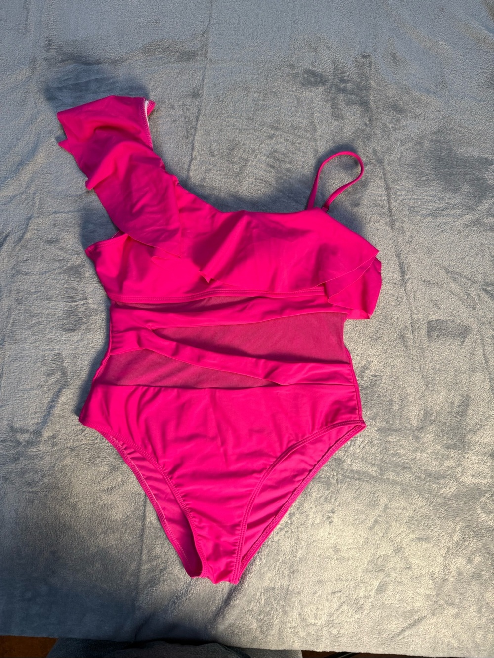 One-Shoulder Ruffle Mesh Panel Swimsuit - Hot Pink Medium